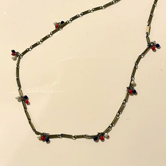 Vintage Silver Tone Metal Link Necklace  with Red white Blue Beads 24” - Picture 1 of 4